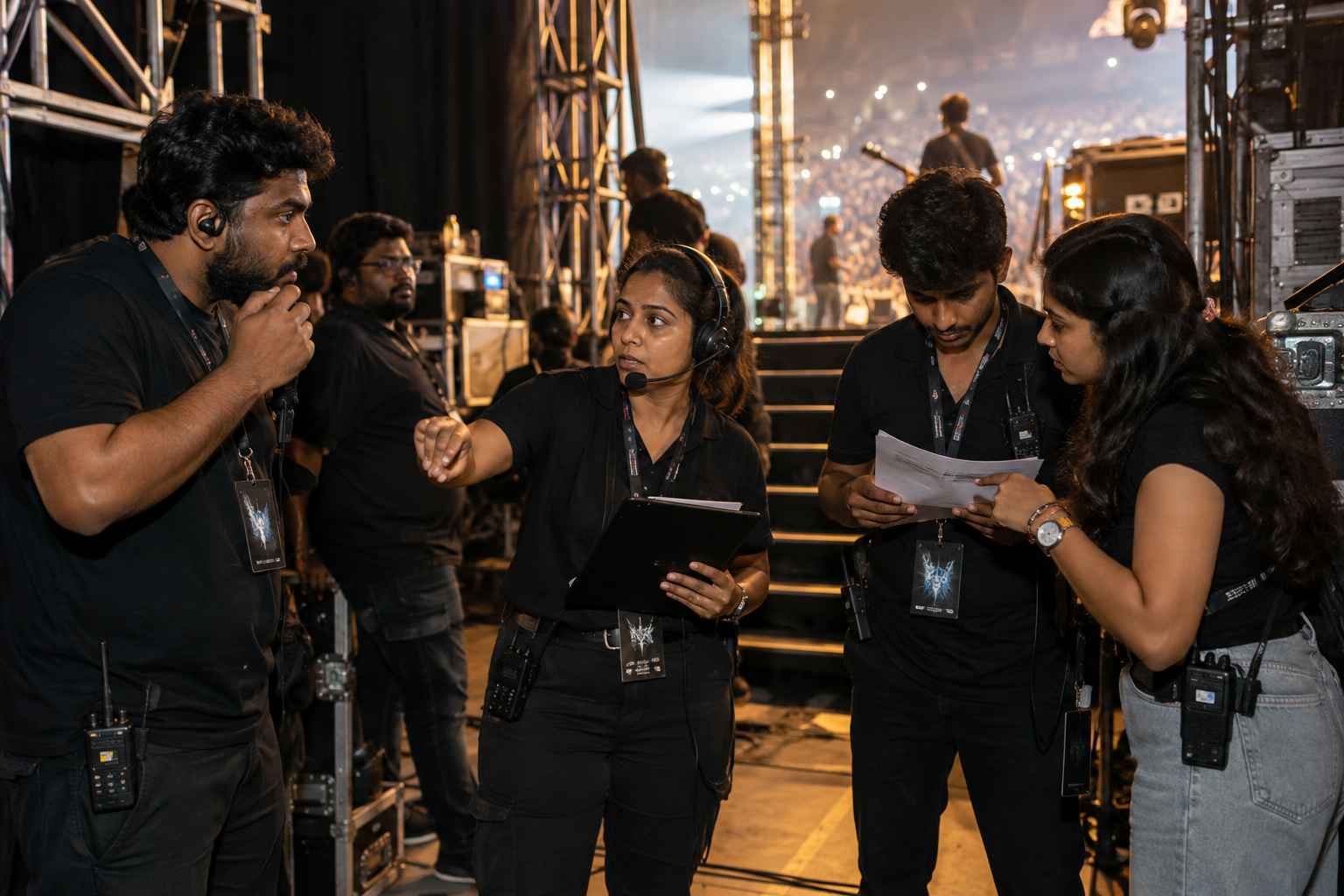 Indian concert production team coordinating backstage before a show