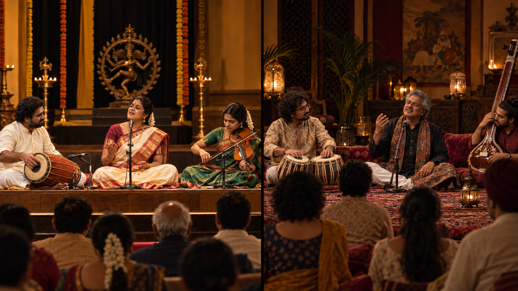 Carnatic kutcheri and Hindustani mehfil shown side by side