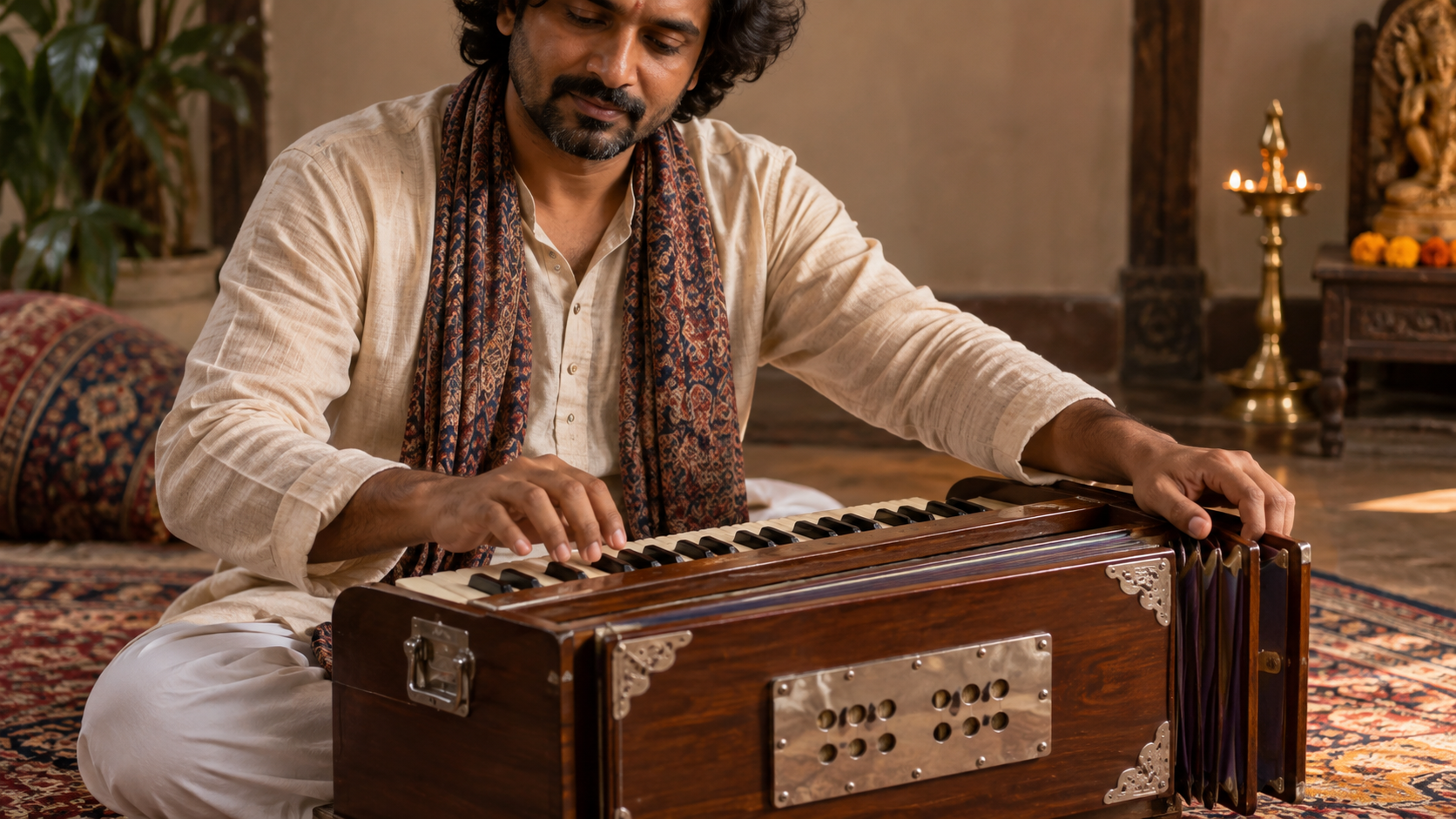 Musician playing a hand-pumped harmonium while seated on the floor