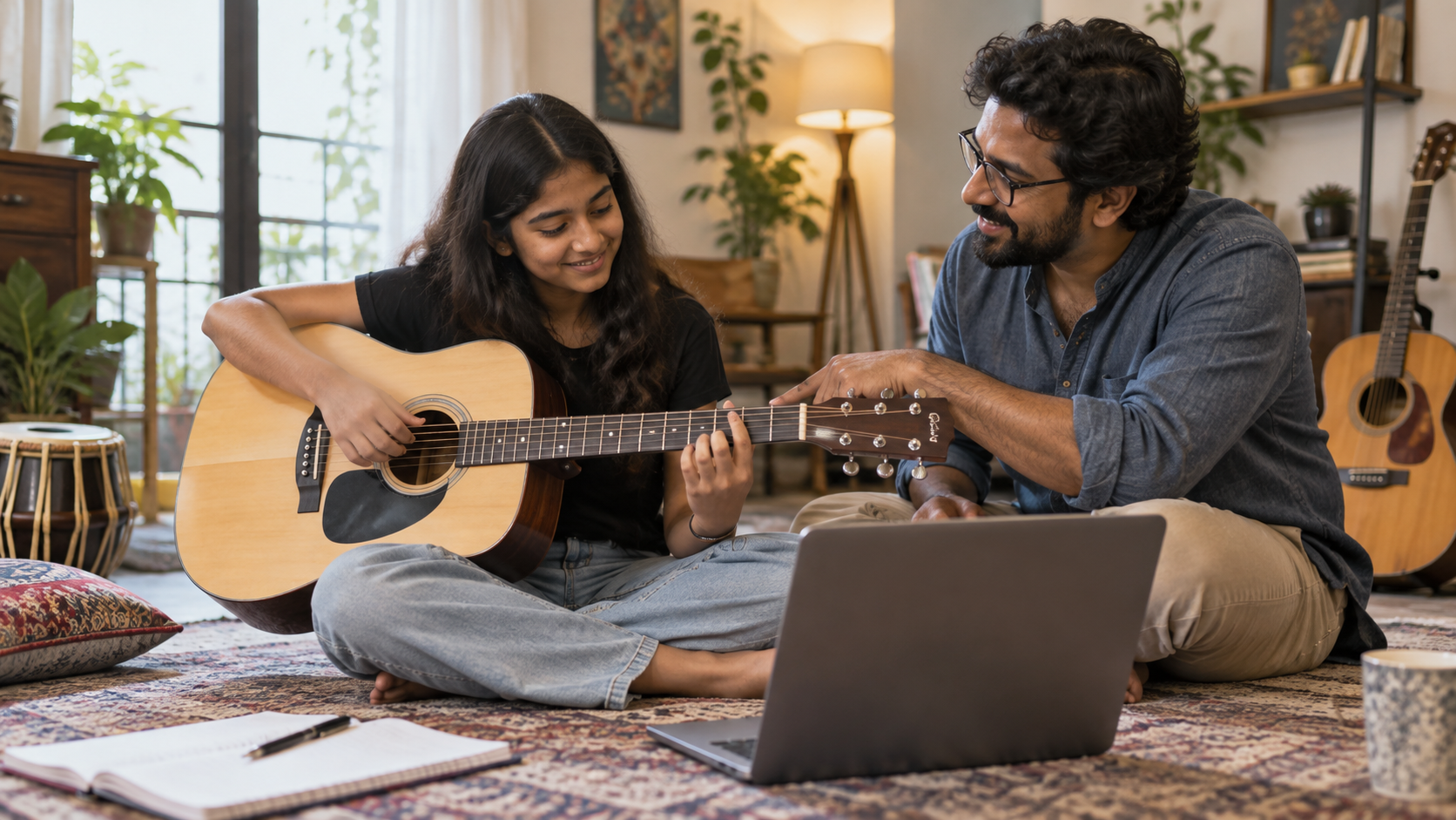 Music educator guiding a student during a live online lesson