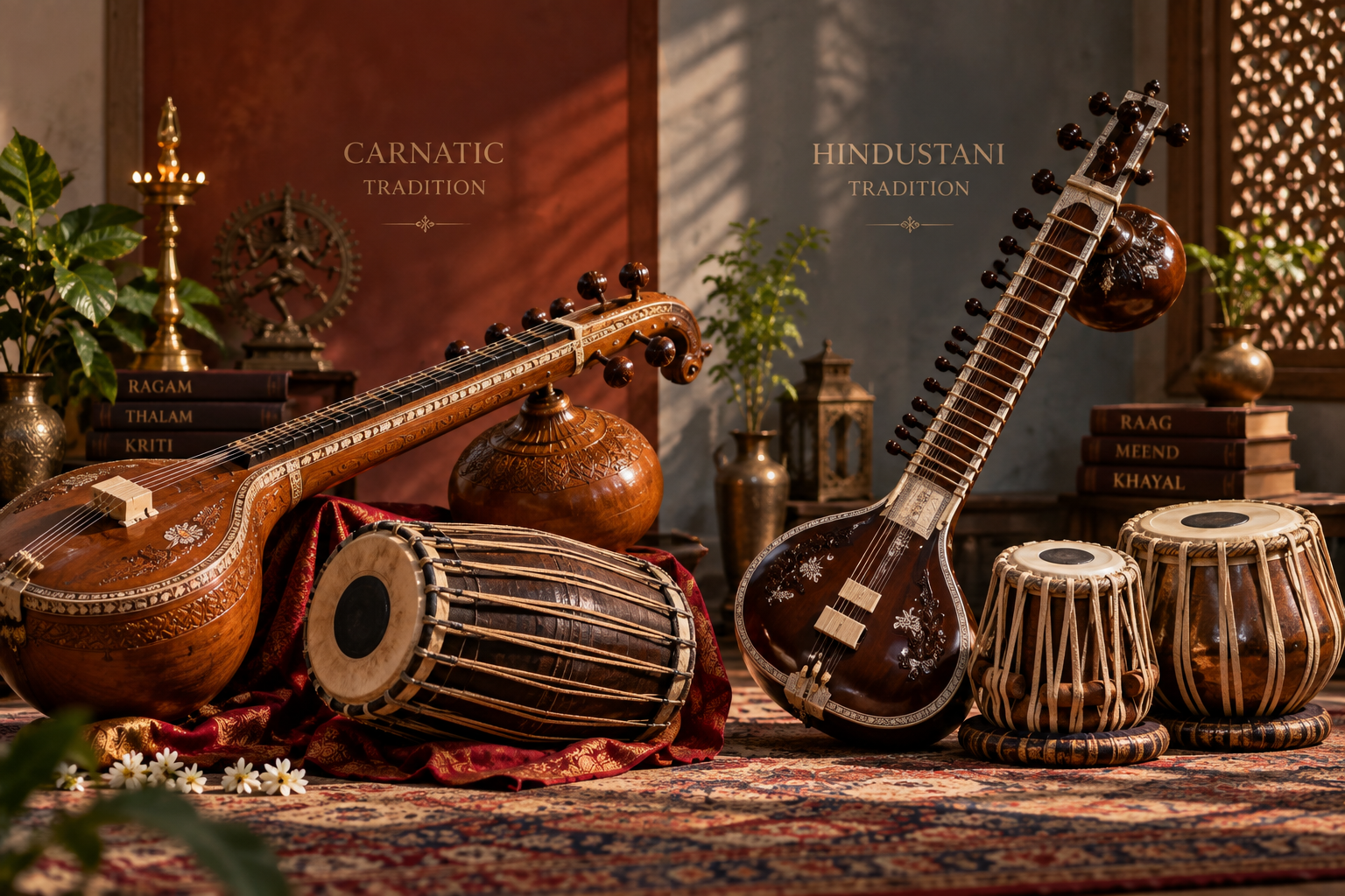 Veena, mridangam, sitar and tabla arranged for comparison