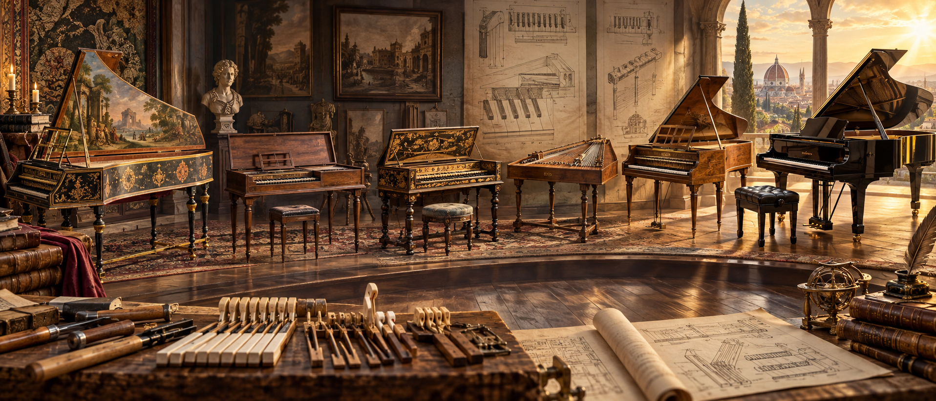 Historic keyboard instruments in a Renaissance workshop
