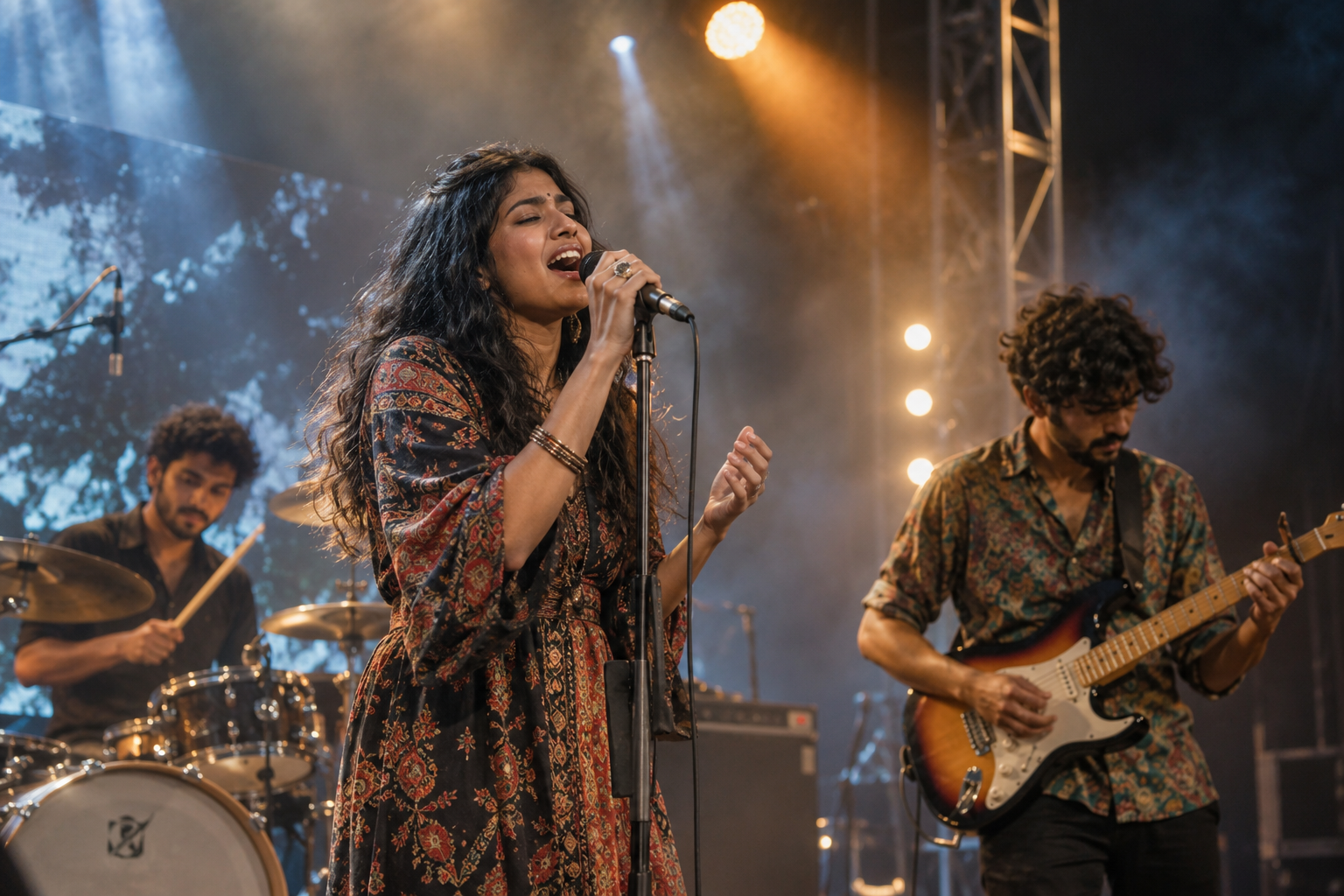 Young Indian musicians performing together on stage