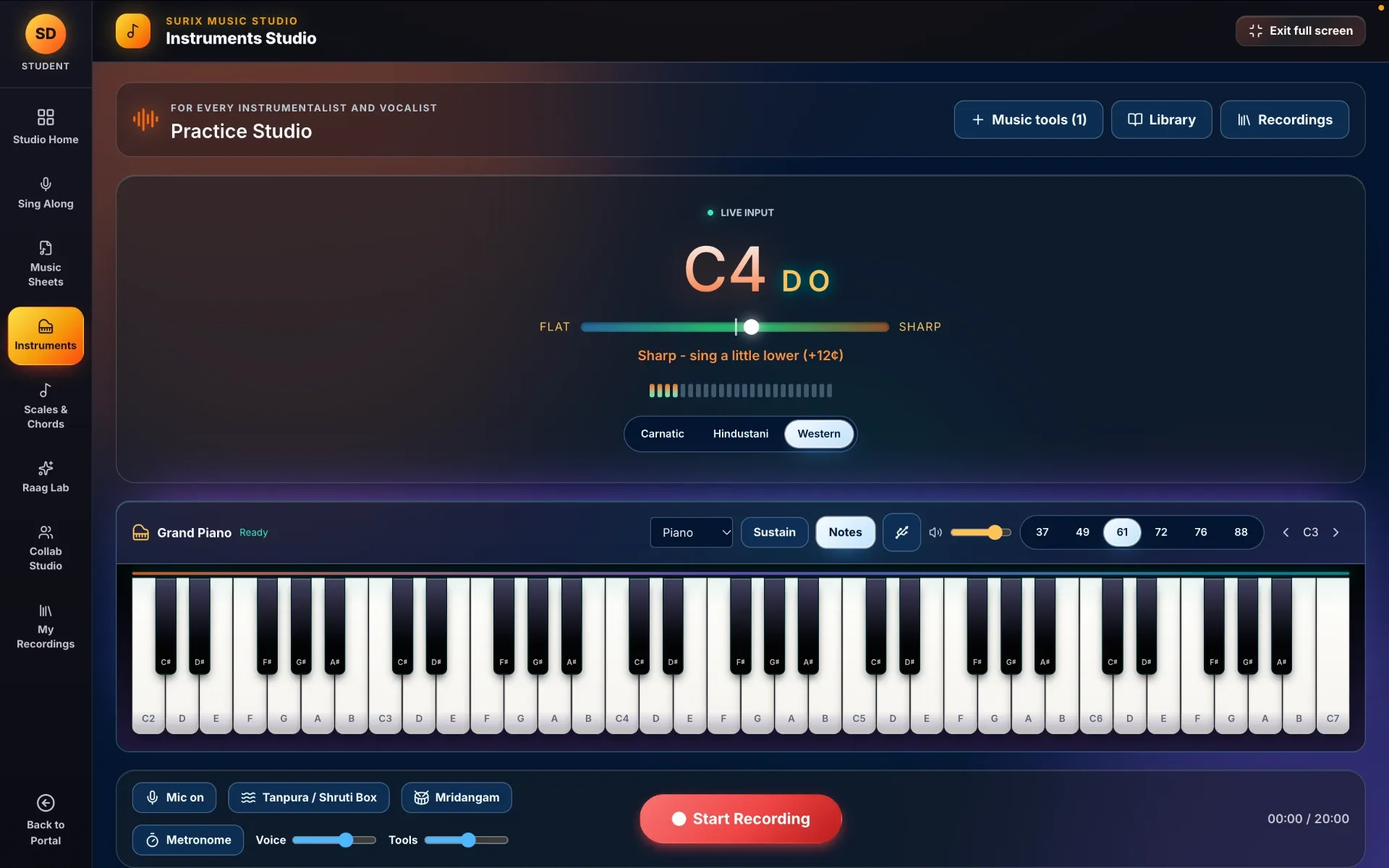 SURIX Practice Studio with live pitch meter and grand piano