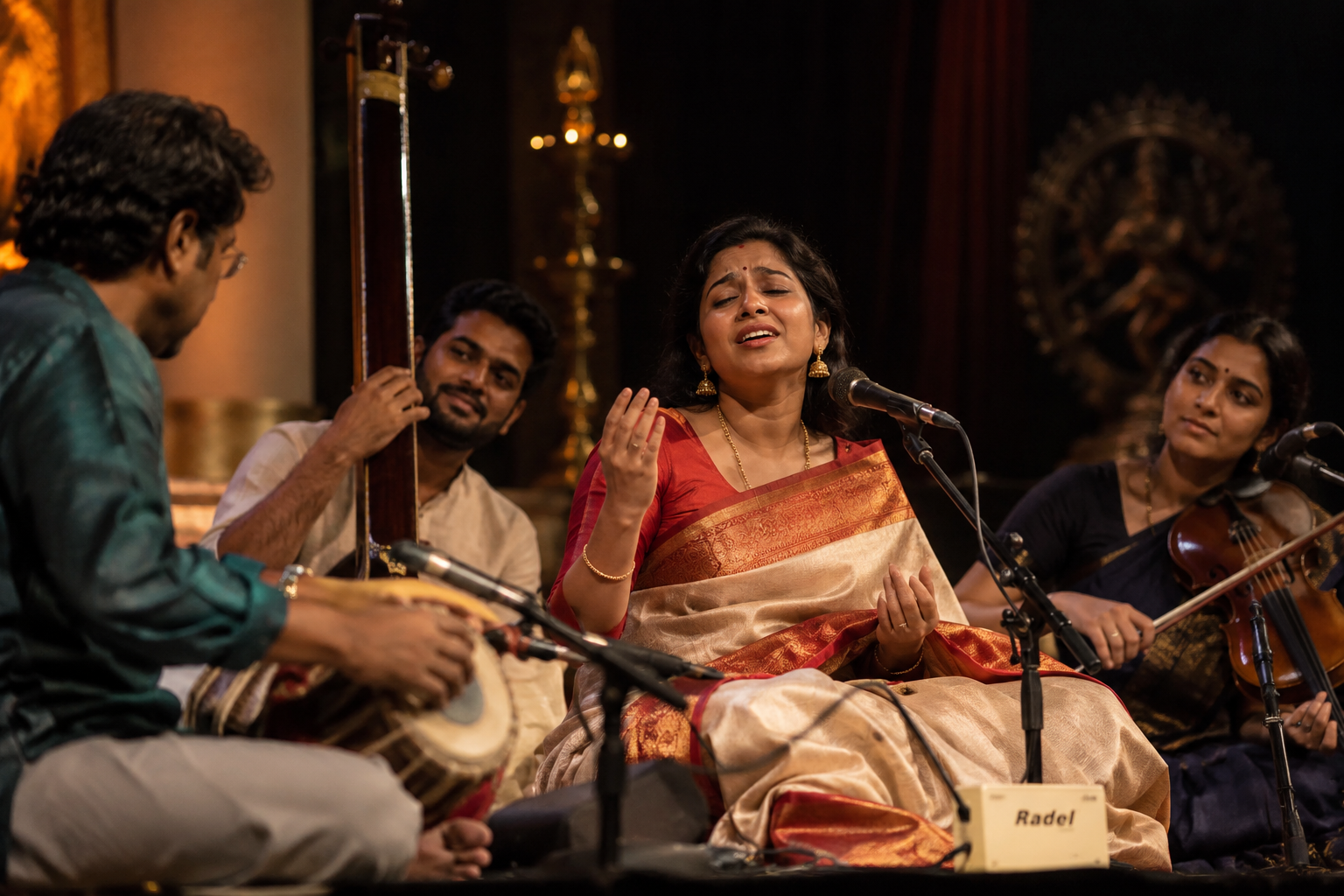 Indian classical musicians responding to one another during a live performance