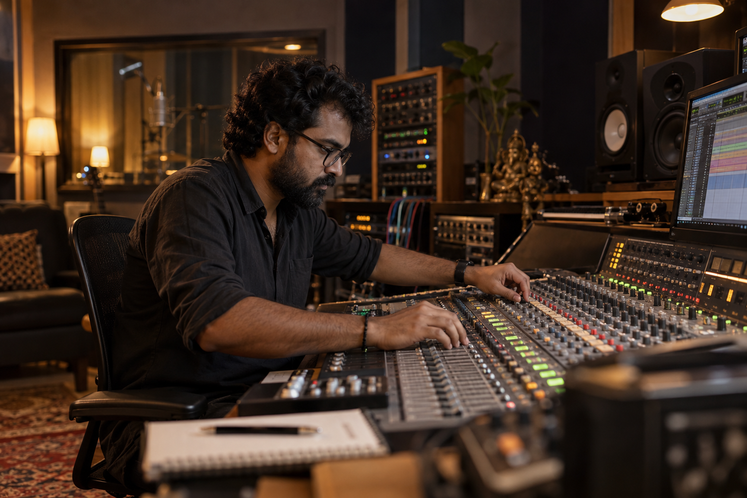 Indian audio engineer working at a professional mixing console