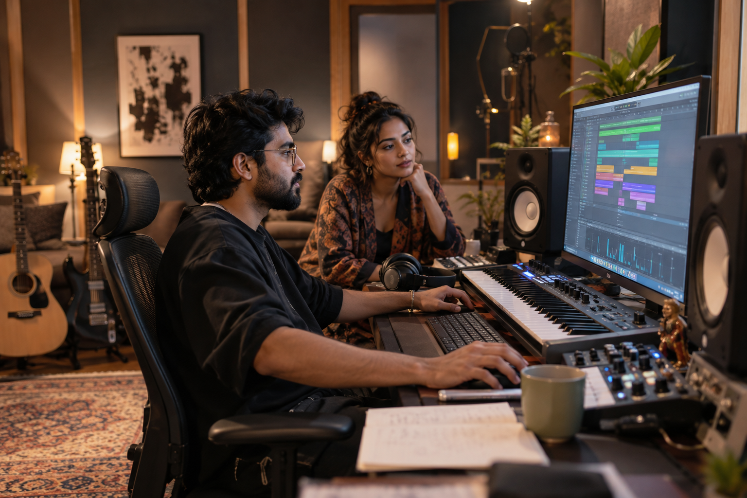 Indian music producer and collaborator creating a track in a recording studio