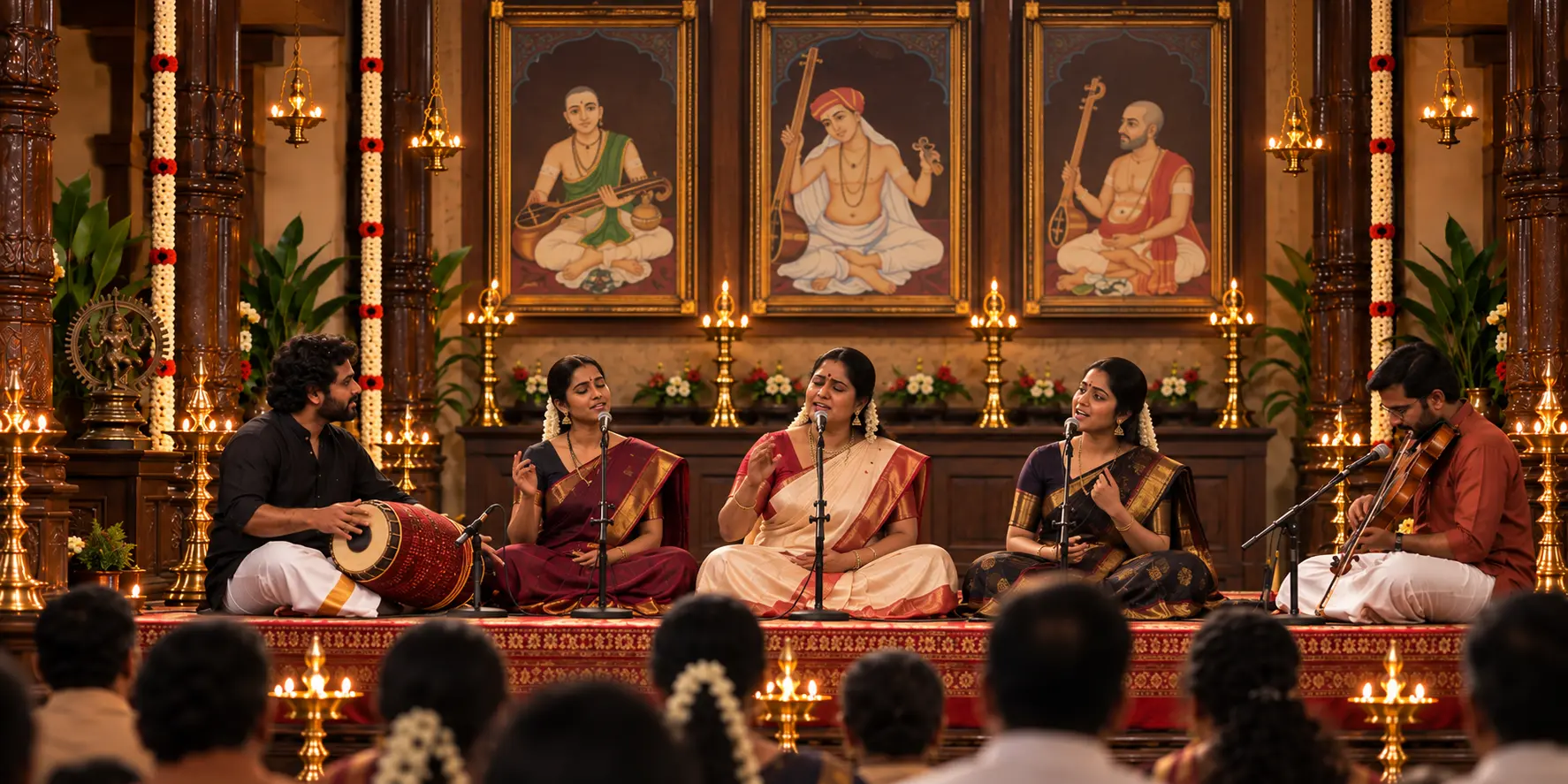 Carnatic vocalists performing with accompanying musicians