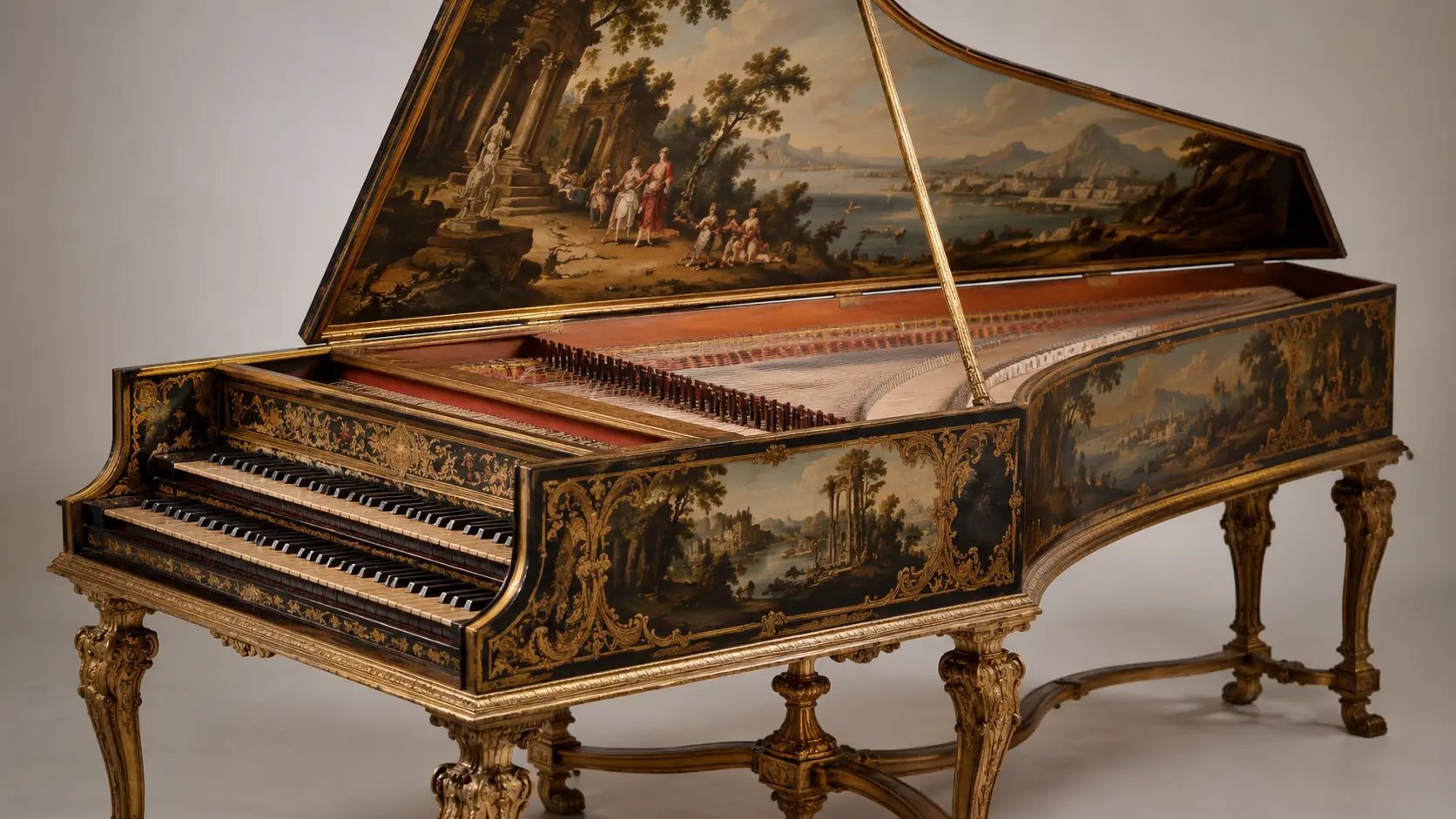 Ornate Italian harpsichord with decorated lid and visible strings