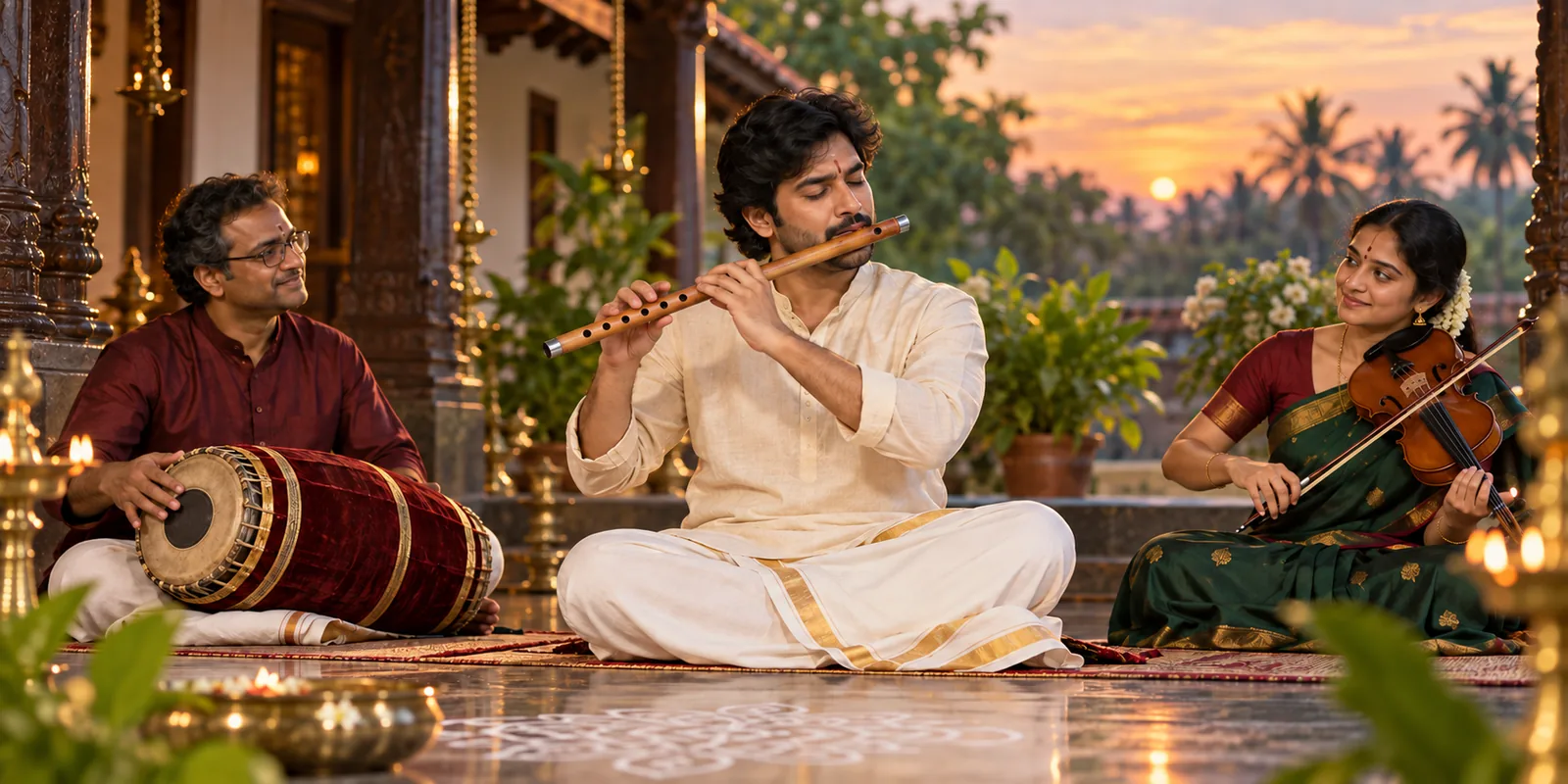 Carnatic flautist performing with an ensemble