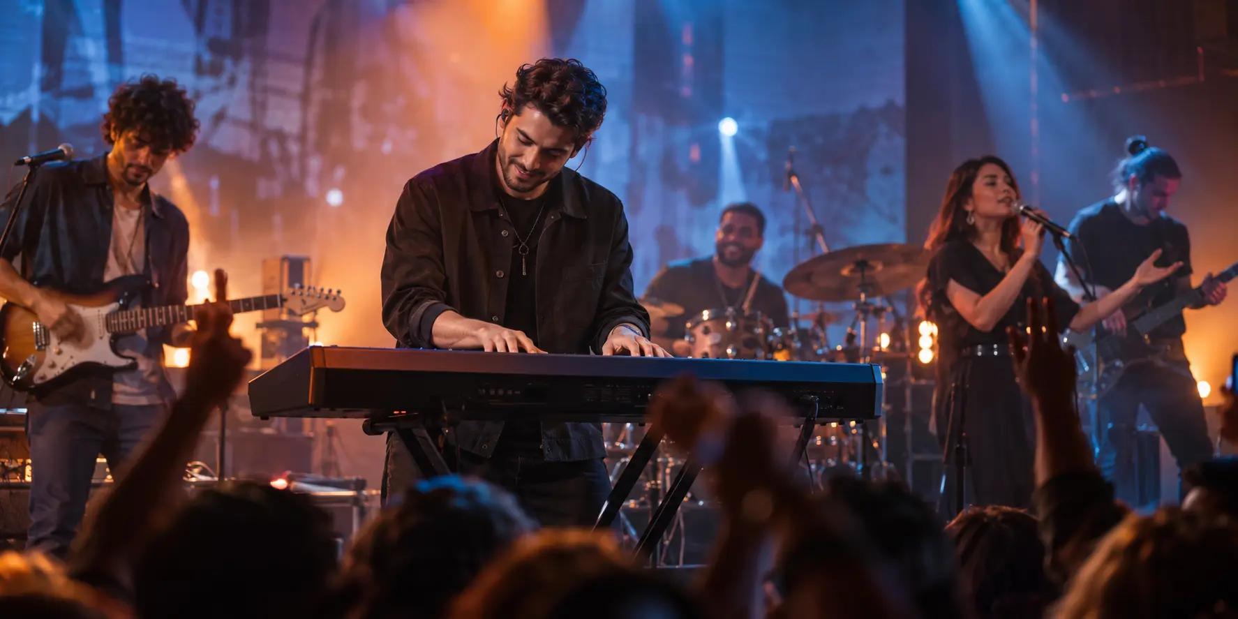 Keyboard player performing with a live band