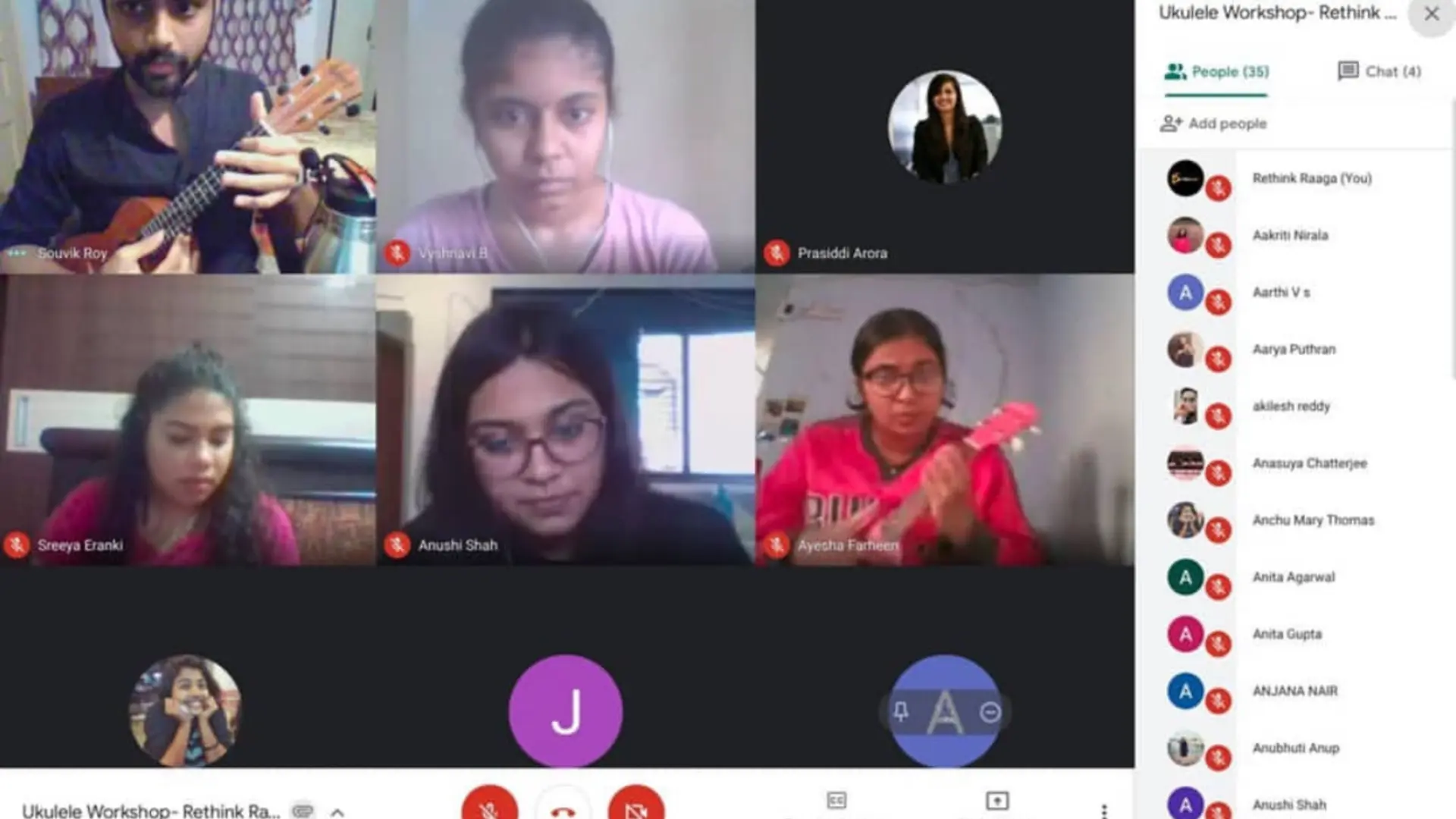 Students learning together in an online ukulele workshop