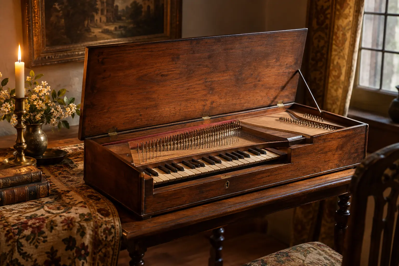 An antique clavichord with its lid open in warm light