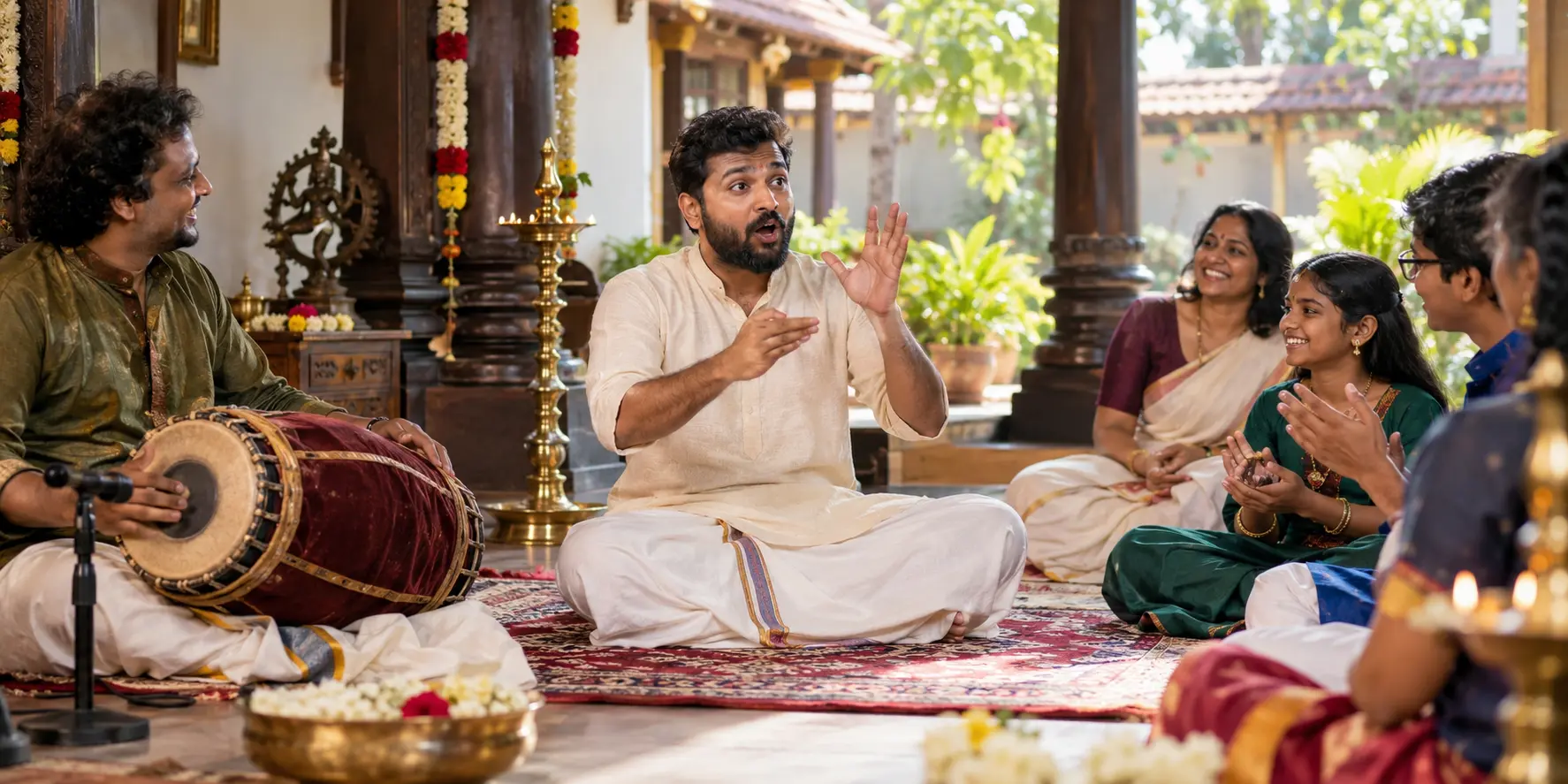 Konakkol artist teaching vocal percussion in a group
