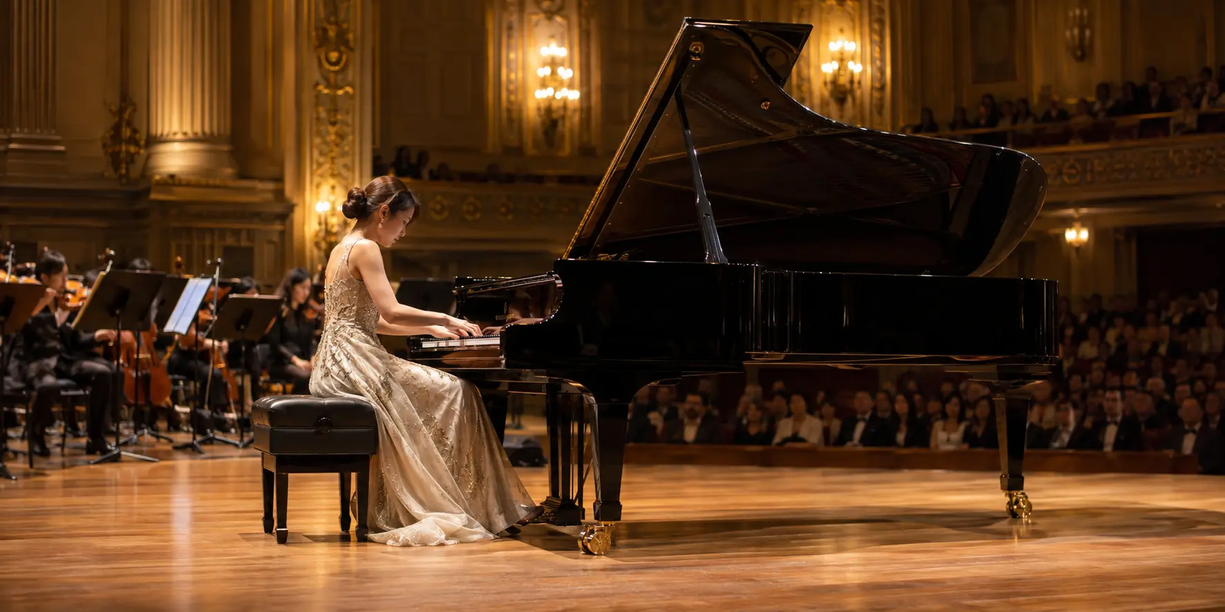 Concert pianist performing with an orchestra