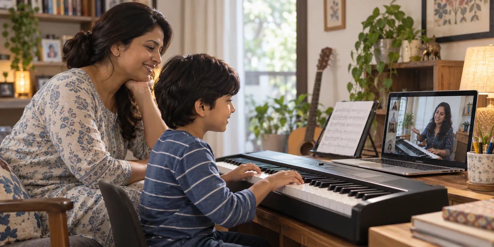 A young music student learning online with family support