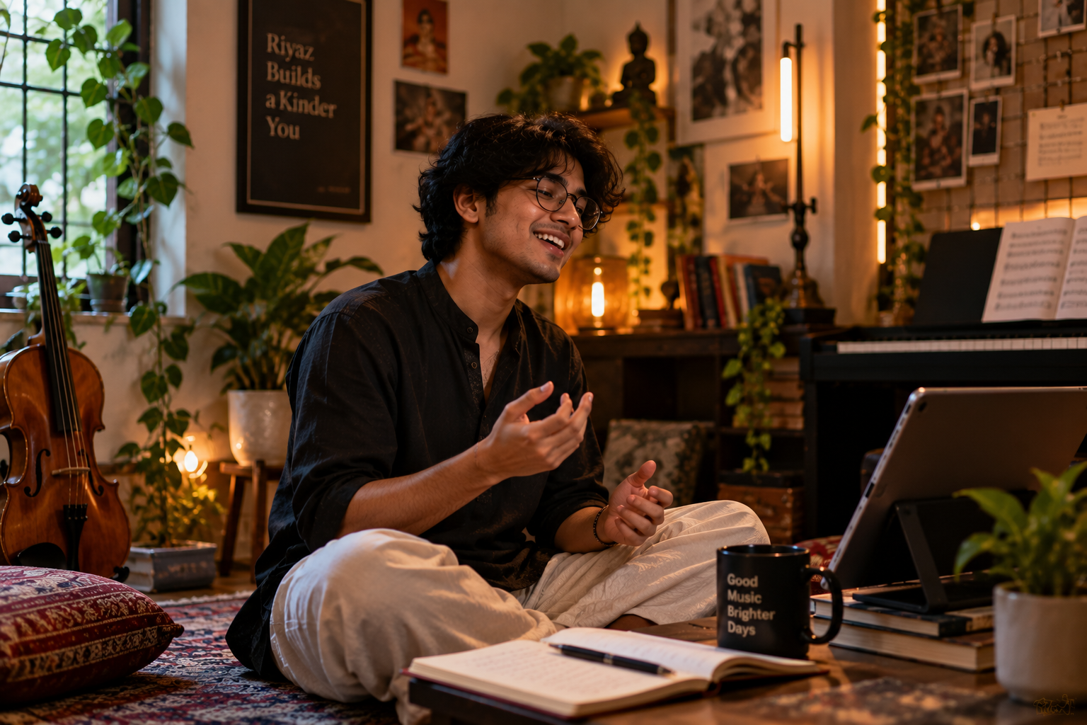 Young music learner practising Indian classical music in a modern home studio