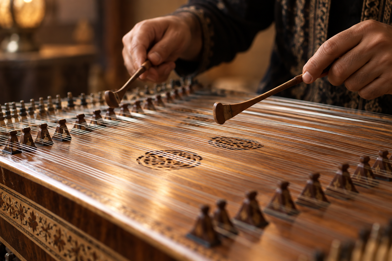 Close-up of a santoor being played with small wooden hammers