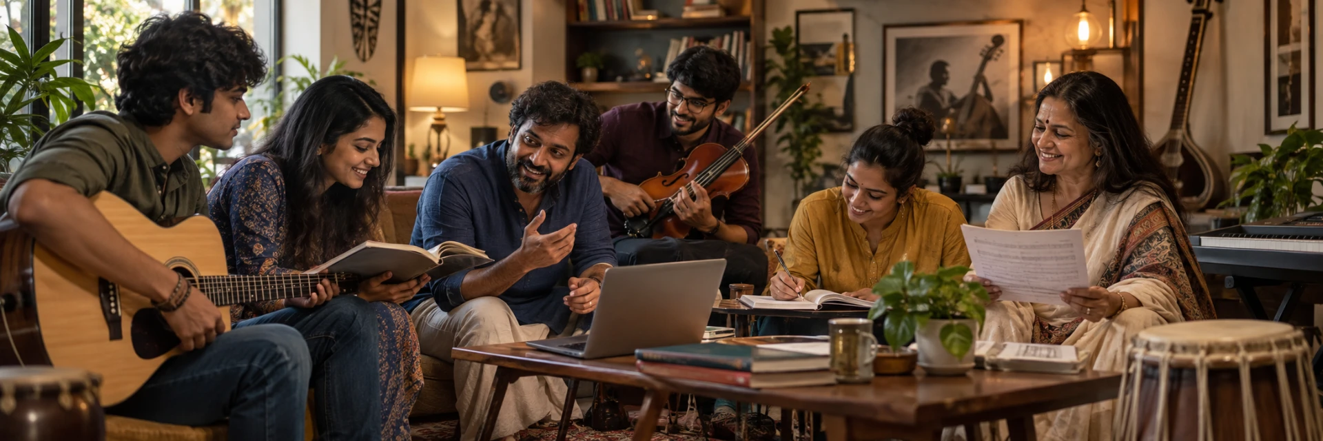 Musicians learning, discussing and practising together in a warm music room