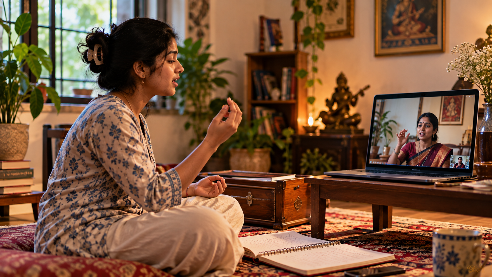 Student receiving live online Indian classical music guidance from a teacher