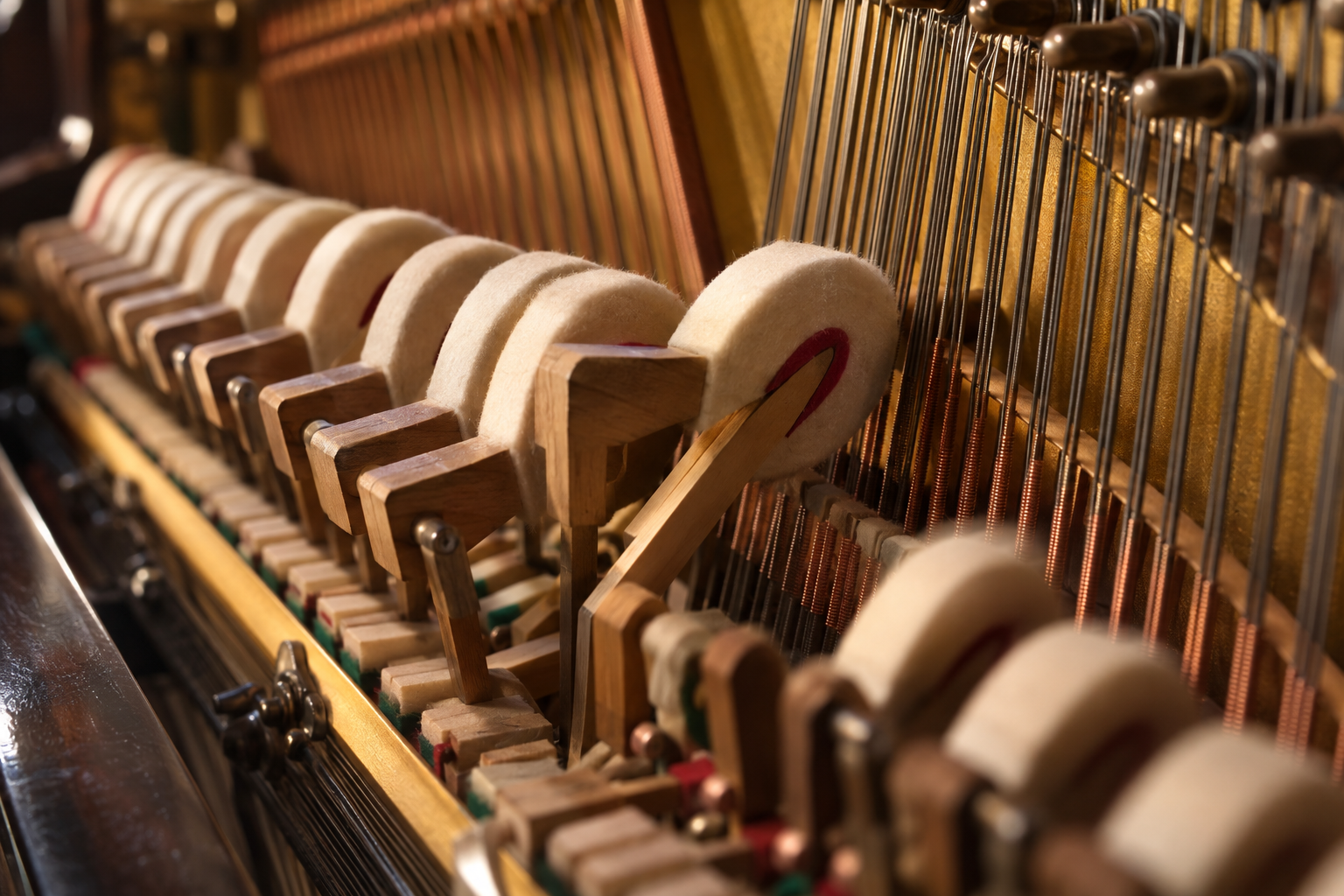 Close-up of felt piano hammers striking strings inside a grand piano