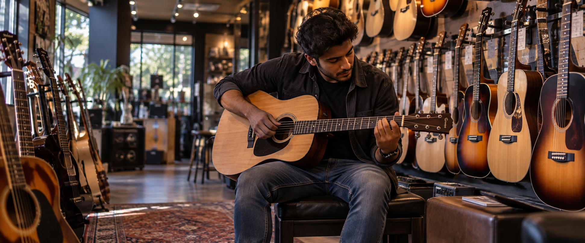 Beginner trying an acoustic guitar inside a guitar store