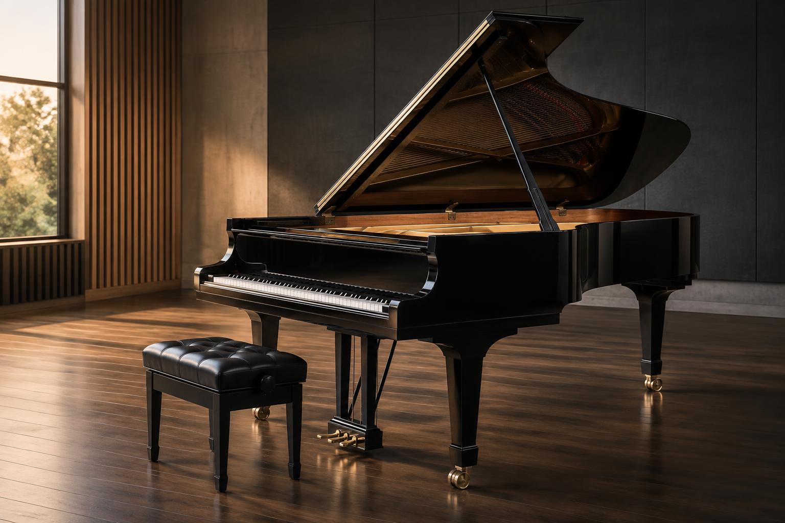 Modern black concert grand piano with its lid raised in a contemporary studio
